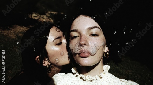 Intimate Connection: Two Women Surrounded by Bubbles in a Dreamy Atmosphere