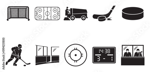 Collection of simple black and white icons representing ice hockey elements like a player, rink, net, puck, and scoreboard for sports and game themes.