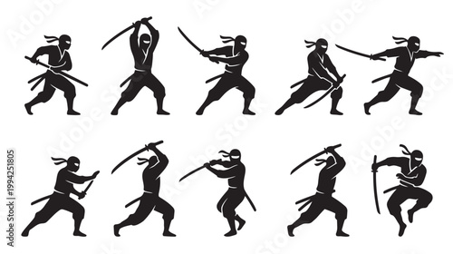 A collection of black ninja silhouettes in various dynamic poses, wielding swords, set against a clean white background for graphic design use.