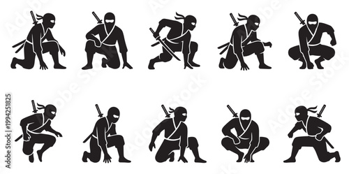 A collection of ten black silhouette icons depicting ninjas in dynamic crouching, kneeling, and ready stances, each with a sword.