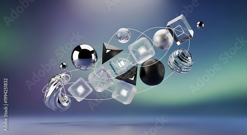 Abstract Geometric Shapes and Metallic Spheres Floating in Space