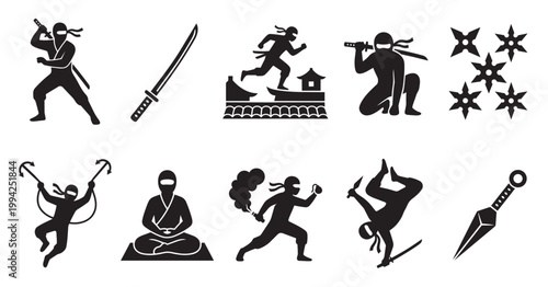 Collection of black silhouette icons depicting ninjas in various action poses, including combat, meditation, and with weapons like swords and shurikens.
