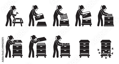 This graphic depicts a sequence of icons illustrating a beekeeper's actions in managing a beehive, from construction to bee activity.