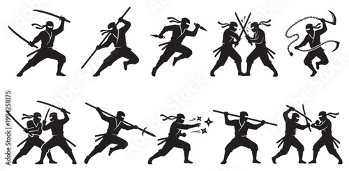 Silhouettes of ninjas in dynamic action poses, showcasing martial arts with swords, staffs, and nunchucks, representing combat and discipline.