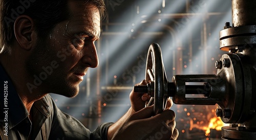 Industrial Worker Operating Valve with Sparks Flying