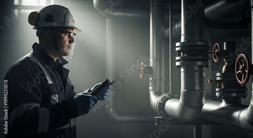 Industrial Worker Using Smartphone in Pipe Facility