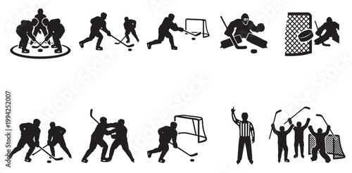 A collection of black and white silhouettes depicting various ice hockey actions, including face-off, skating, scoring, goalie save, and celebration, offering a dynamic visual narrative of the sport.