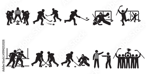 A collection of black silhouette icons depicting various ice hockey game scenes, including players, a referee, and a victorious team celebrating with a trophy.