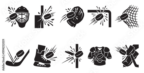 A collection of black and white silhouette icons depicting various dynamic actions of a hockey puck in motion during a game.