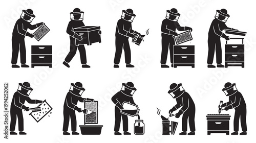 A collection of black silhouette icons illustrates various beekeeping activities including hive maintenance, honey extraction, and equipment use in a clear, simple style.