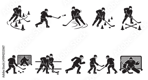 This black and white silhouette icon set displays various ice hockey actions including training drills, player interactions, and game scenarios like shooting and goaltending.