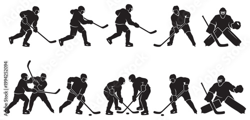 Collection of black silhouette illustrations depicting various ice hockey players in action, including skaters, a puck, and goalies, on a white background.