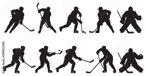 A collection of black silhouettes of ice hockey players in various dynamic poses, capturing the action of the sport against a clean white background.