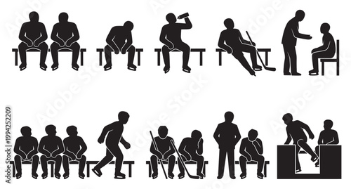 A collection of black silhouette icons depicting hockey players in various states of rest and interaction on benches, representing team dynamics and downtime.