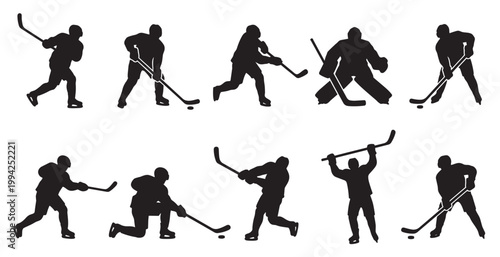 A collection of black silhouette icons of ice hockey players in various dynamic action poses, perfect for sports-themed designs.