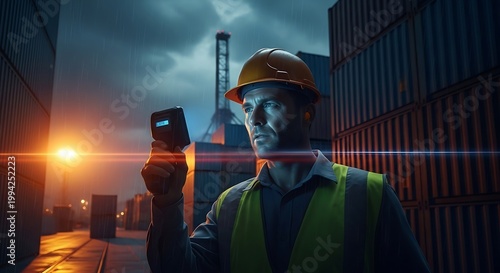 Industrial Worker Using Handheld Device in Shipping Yard