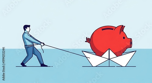 Man Pulling Large Piggy Bank with Paper Boat Bubble