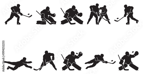 A collection of black silhouette graphics depicting ice hockey players and goalies in various dynamic poses with pucks and sticks on a white background.