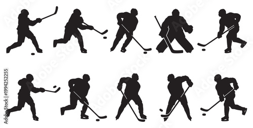 Dynamic black silhouettes of ice hockey players in action, showing various poses like shooting, skating, and defending on a clean white background.
