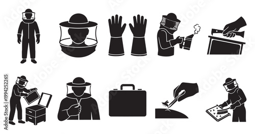 A collection of black and white icon illustrations depicting various beekeeping activities and equipment, such as protective suits, hives, smokers, and gloves.