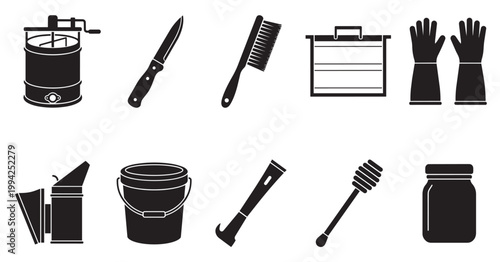 A collection of black vector icons representing beekeeping tools and honey harvesting equipment, presented on a clean white background.