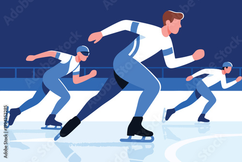 Illustration Of Athletes Running Fast On An Ice Rink In A Speed Skating Tournament Vector Design Template