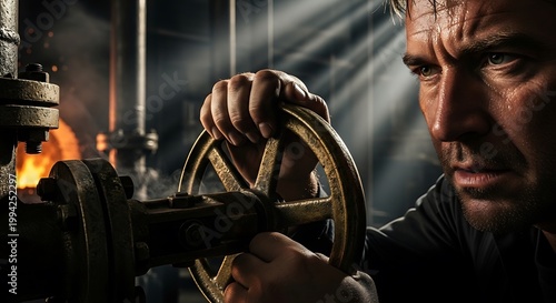 Intense Man Operating Industrial Valve in Factory Setting