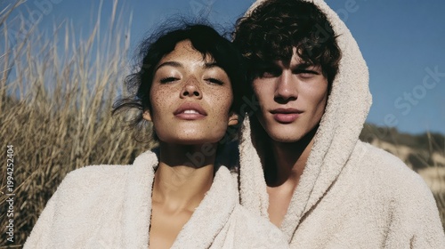 Radiant Youthful Couple in Cozy Robes Against Nature's Backdrop, Exuding Confidence and Beauty