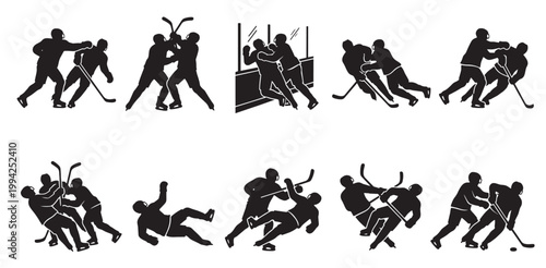 Dynamic black and white silhouettes capture the intensity of hockey players engaged in a fight on the ice.