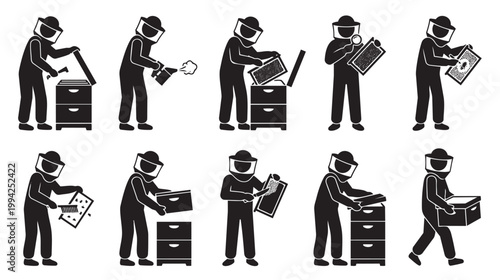 Collection of black silhouette icons depicting a beekeeper performing various tasks in an apiary, including handling hives and frames.