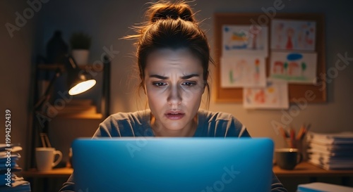 Concerned Woman Working Late at Night on Laptop