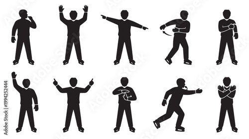 A collection of black silhouette icons depicting an ice skating referee making various signals on a white background, representing different calls and actions.