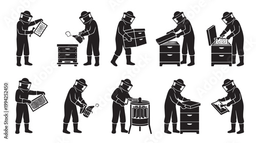 This black and white icon set depicts a beekeeper performing various tasks, including inspecting frames and using a smoker, ideal for illustrating apiary farming and honey production.