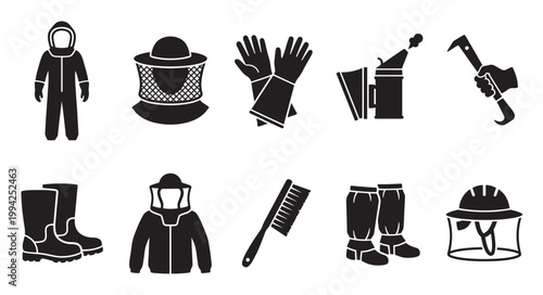 Collection of black silhouette icons depicting beekeeping protective gear and tools, perfect for illustrating apiculture or insect-related themes.