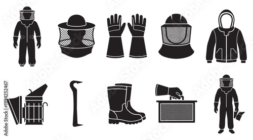 A collection of black silhouette icons illustrating beekeeping protective clothing, tools, and equipment on a white background.