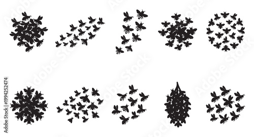A collection of black bee silhouettes arranged in various swarming patterns against a clean white background, ideal for graphic design and creative concepts.