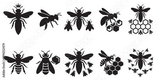 A collection of black silhouette icons featuring various bee motifs, including a queen bee with a crown, bees around a honeycomb, and a swarm, suitable for nature and apiary themes.