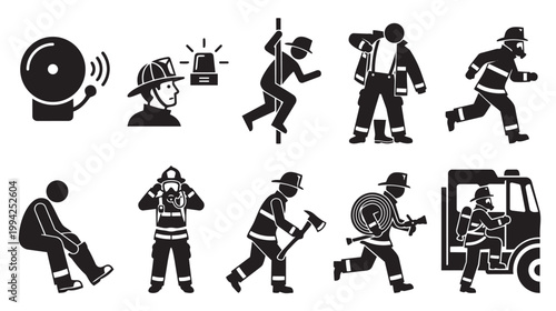 A collection of black and white vector icons depicting various firefighter actions, including running, climbing, and preparing for duty, symbolizing rescue and emergency response.