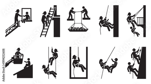 A collection of black and white pictogram icons depicting rescue operations and climbing activities, including rappelling and ladder assistance.