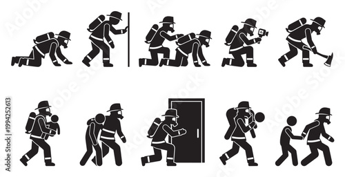 This set of black and white pictogram icons illustrates various actions of a firefighter, including rescue, safety, and emergency response scenarios, perfect for educational or informational use.