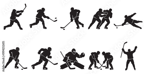 Collection of black silhouettes of ice hockey players performing various actions like shooting, passing, checking, and celebrating on a white background.