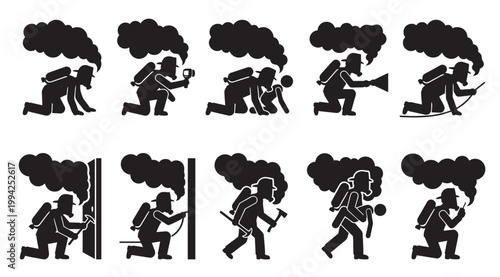 Set of black and white silhouettes depicting firefighters in various action poses with smoke and firefighting tools, illustrating rescue and safety operations.