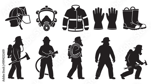 Collection of black silhouette icons depicting various firefighter gear and personnel, including helmets, masks, coats, gloves, boots, and figures with tools.