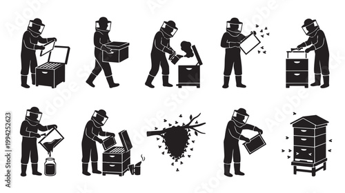 A collection of silhouette icons depicts various beekeeping tasks including hive inspection, honey harvesting, and swarm management, all rendered in a clean, graphic style.