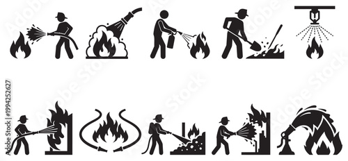 A collection of black silhouette icons depicting various firefighting actions, including using hoses, extinguishers, shovels, and sprinkler systems against flames.
