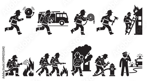A collection of black and white silhouette icons depicting firefighters in various heroic actions, including responding to alarms, battling fires, and rescuing civilians.