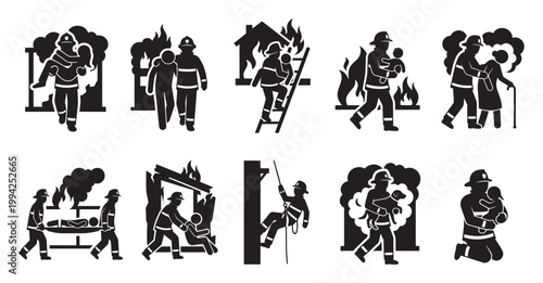 This graphic collection features black silhouettes of firefighters performing various rescue operations during fires, including saving adults, children, and even a pet.