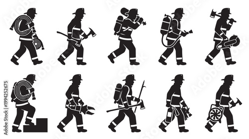 A collection of black silhouettes depicting firefighters in various action poses, carrying essential rescue tools like hoses, axes, and breathing apparatus.