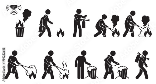 A set of black and white stick figure icons illustrating different stages of fire safety, including detection, extinguishing, and preparedness, against a white background.
