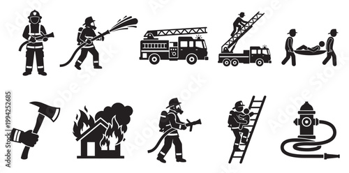 A collection of black and white pictogram icons illustrating various firefighting and rescue activities, including firefighters with hoses, a fire truck, a ladder rescue, and emergency transport.